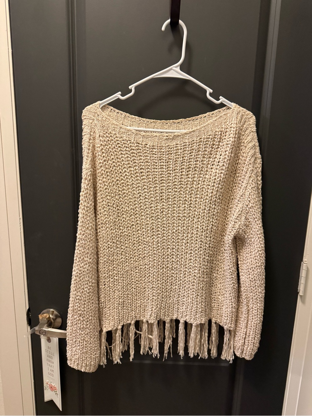 Altar'd State Cream Open-Knit Fringe Hem Crew Sweater